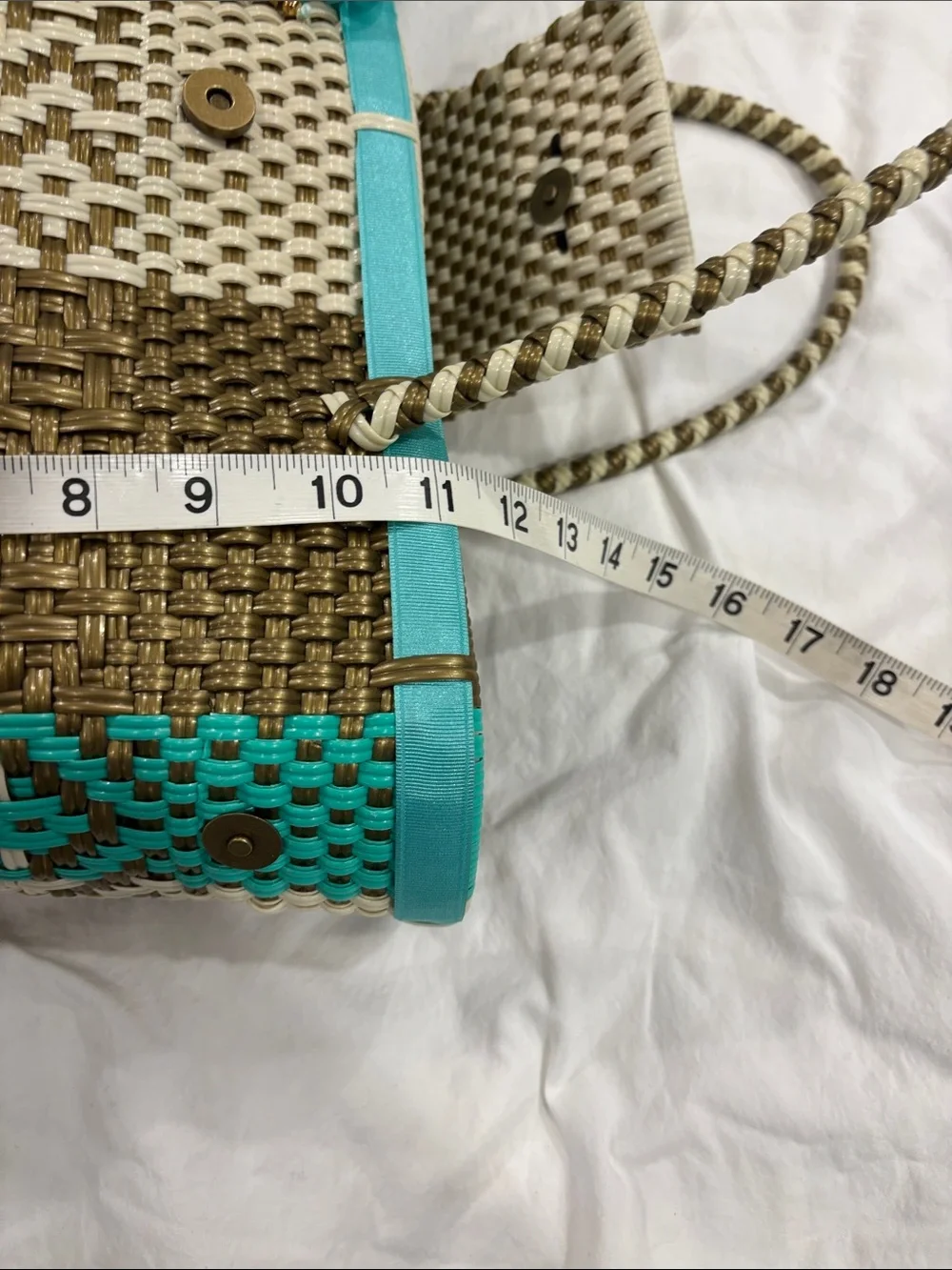 Woven Straw Tote Bag in Turquoise, Cream & Brown - Picture 6 of 6